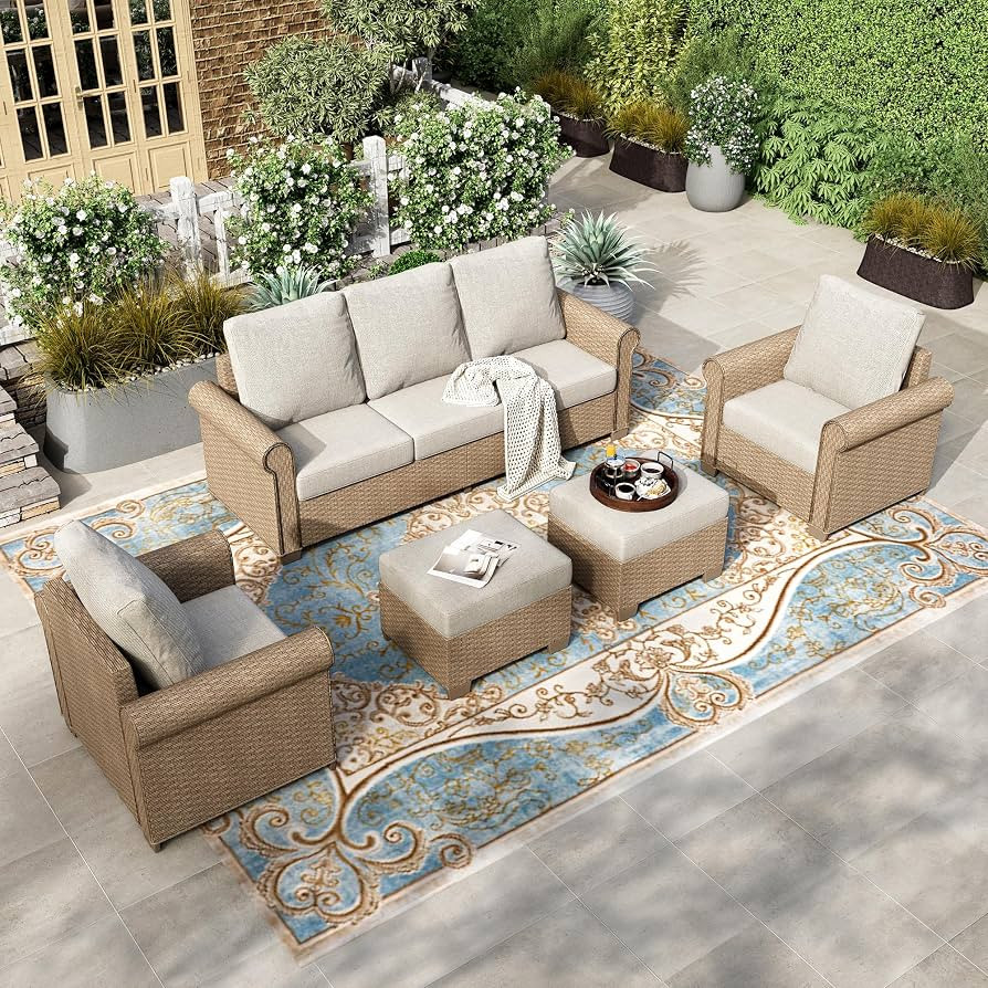 HERA'S HOUSE 5 Pieces Patio Furniture Set, All Weather 7 Seats Outdoor Wicker Sofa with Ottoman, ... | Amazon (US)
