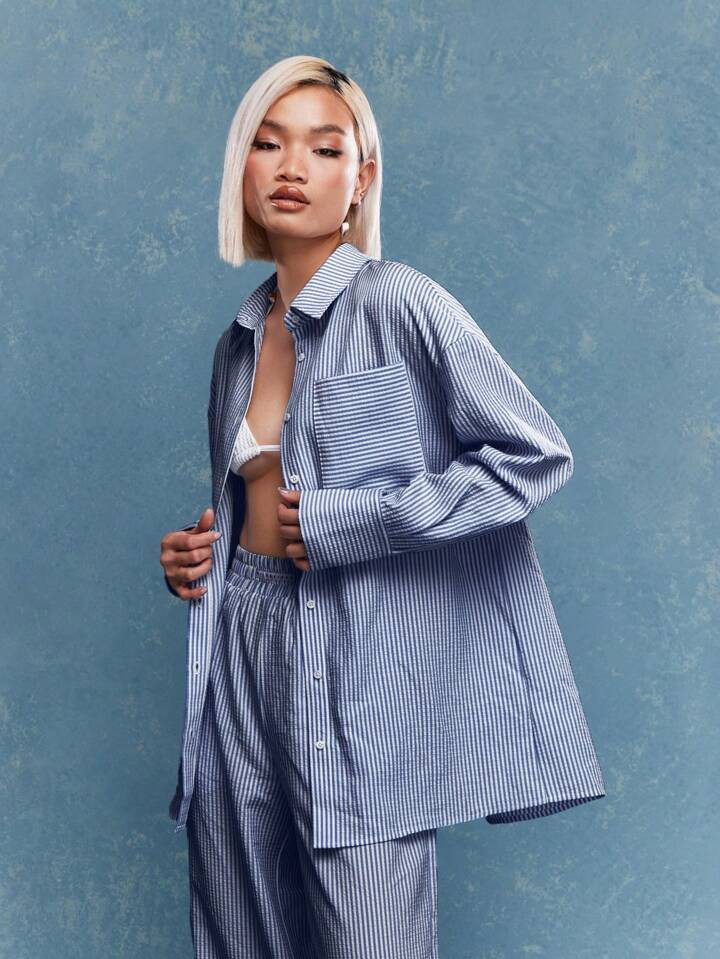 MISSGUIDED Texture Ribbed Oversized Shirt With Pockets | SHEIN