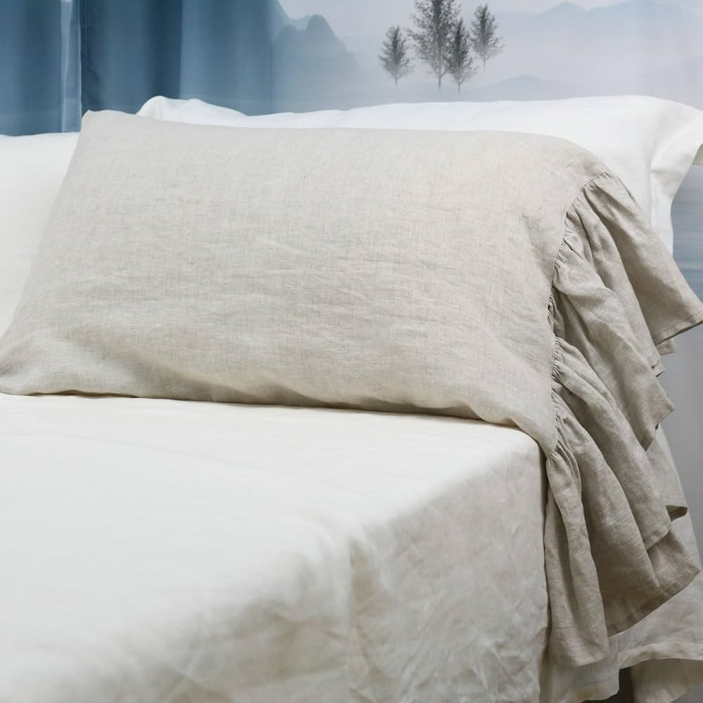 Ruffles Linen Pillowcase. Pure Flax Pillow Sham 100% French Linen Ruffled Pillow Cover, Standard,... | Amazon (US)