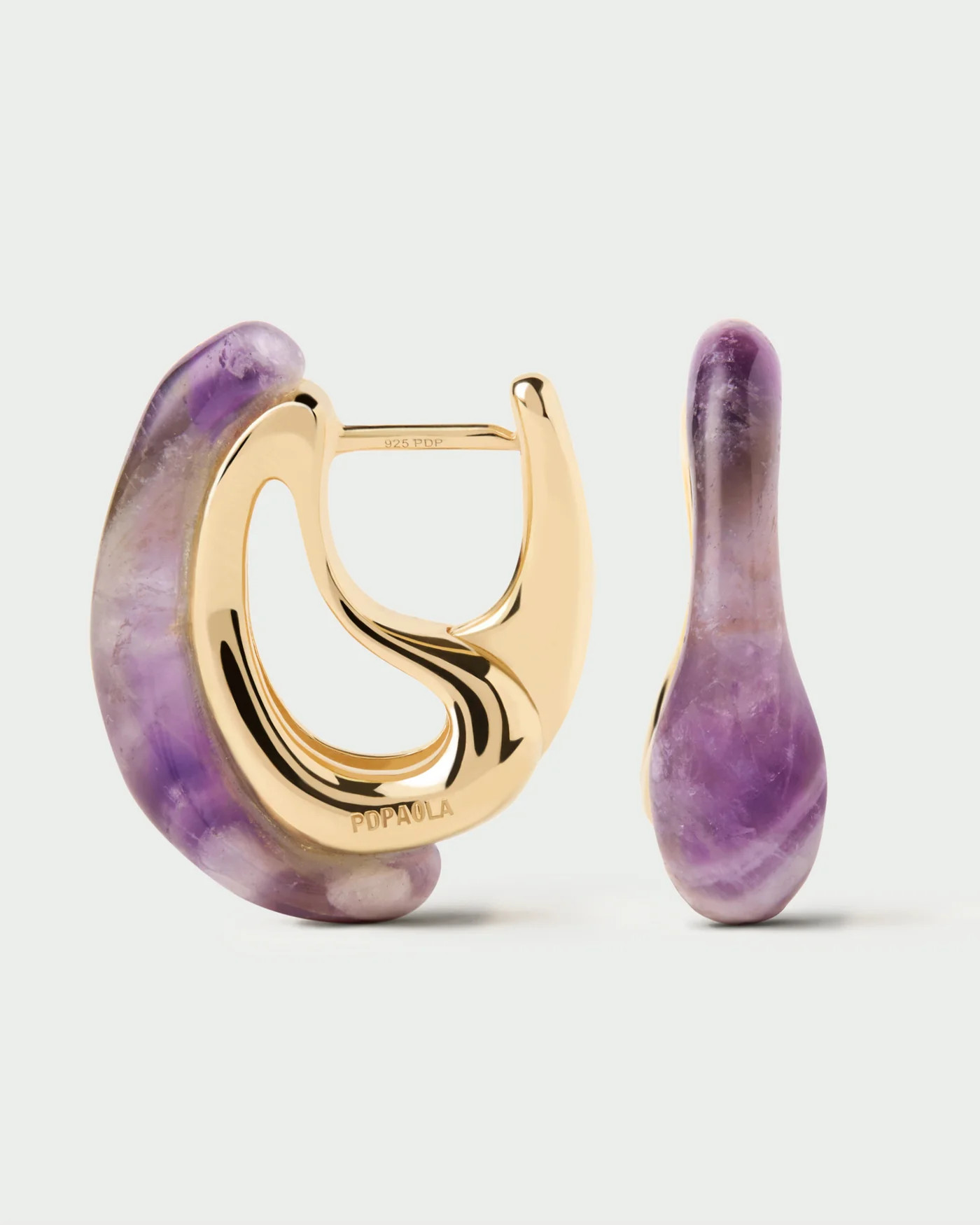 Gold-plated sculptural hoop earrings embellished with a wavy drop p... | Amethyst Brisa hoops | P... | PDPAOLA DE