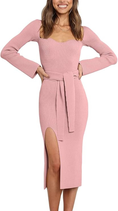 LILLUSORY Women's Sweetheart Neckline Sweater Dress Ribbed Knit Dress with Slit and Belt | Amazon (US)