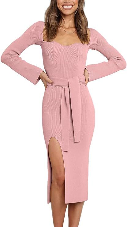 LILLUSORY Women's Sweetheart Neckline Sweater Dress Ribbed Knit Dress with Slit and Belt | Amazon (US)