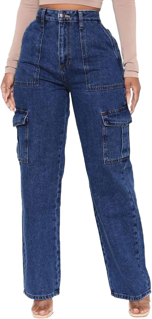 ECUPPER Women Baggy Cargo Jeans Plus Loose Straight Wide Leg Denim Cargo Pants High Waisted Elast... | Amazon (US)