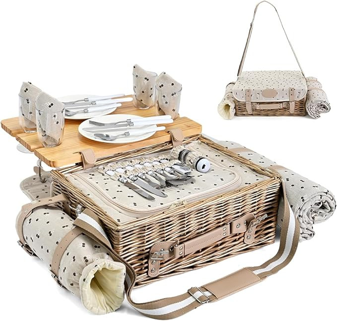 Multifunctional Wicker Picnic Basket Set for 4 with Blanket and Picnic Table, Insulated Picnic Se... | Amazon (US)