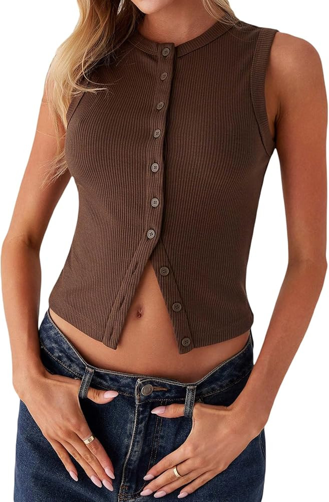 Women Y2k Button Down Tank Tops Knitted Solid Color Sleeveless Vest Top Slim Fit Crop Going Out T... | Amazon (US)