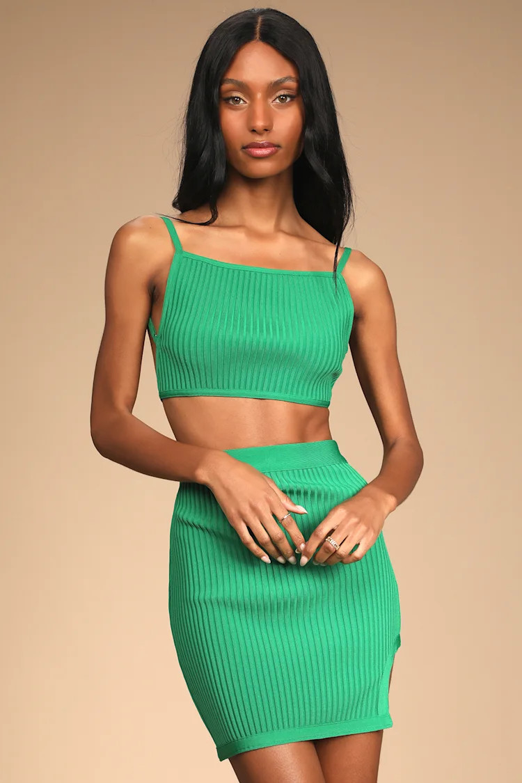 Trend Lover Green Ribbed Knit Tie-Back Two-Piece Mini Dress | Lulus (US)