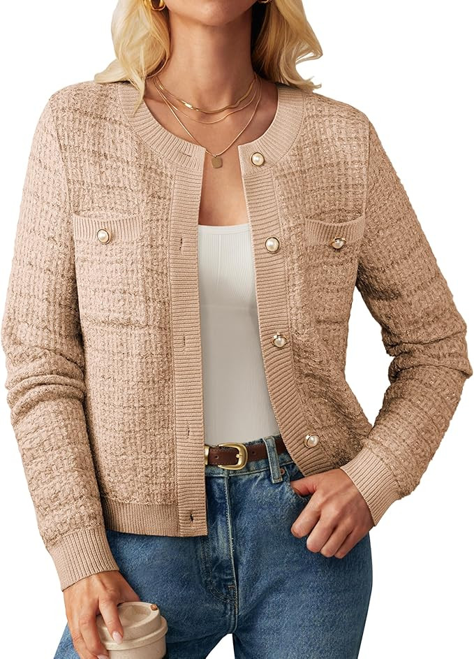 GRACE KARIN Womens Open Front Button Down Long Sleeve Texture Knit Cardigan Sweaters with Pockets | Amazon (US)