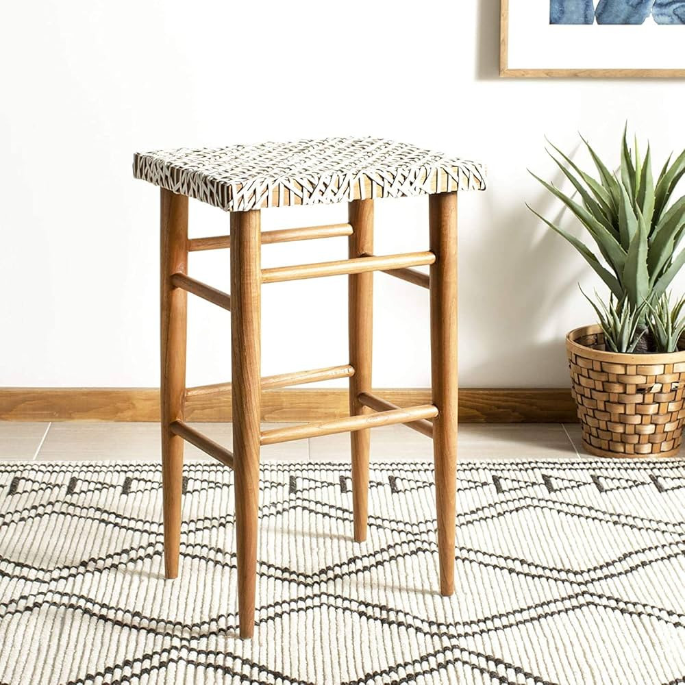 Safavieh Home Collection Kaleo White and Natural Woven 30-inch Leather Bar Stool | Amazon (US)