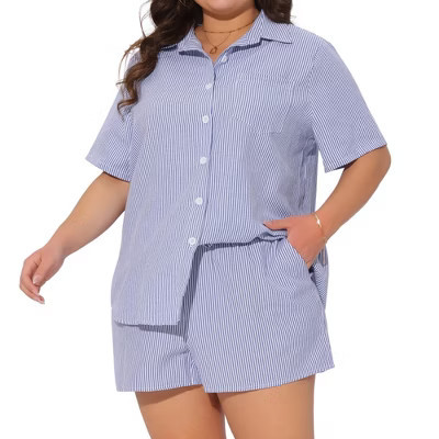Agnes Orinda Women's Plus Size 2 Piece Short Sleeve Collared Striped Button Down Cotton Blouse Top and Shorts 4X Blue White | Target