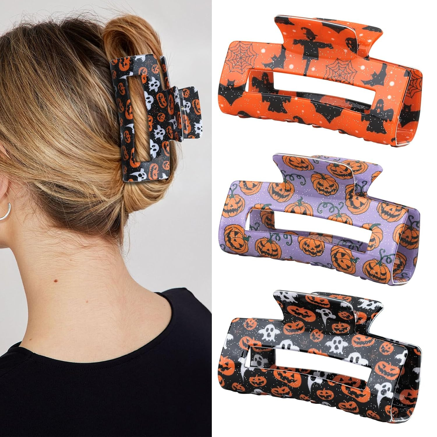ANBALA 3 Pcs Halloween Claw Clips, Pumpkin, Ghost & Bat Hair Clips | Amazon (US)