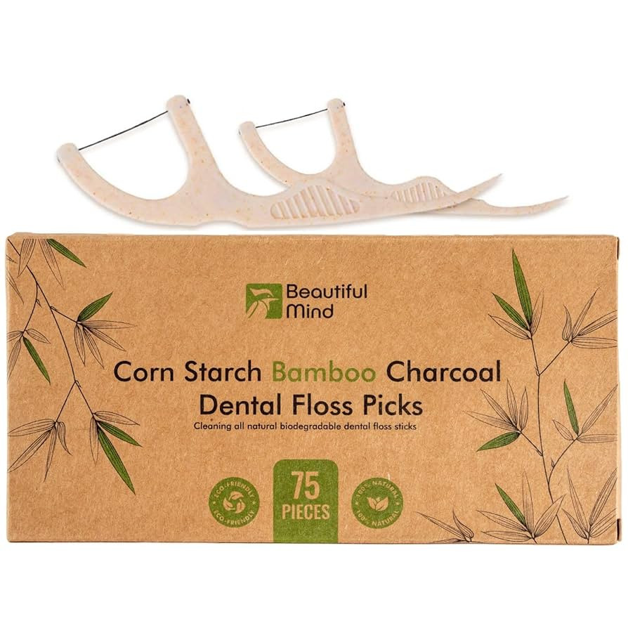 Natural Dental Floss Picks 75 Pack – Organic Biodegradable Floss Sticks with Strong Bamboo Char... | Amazon (US)