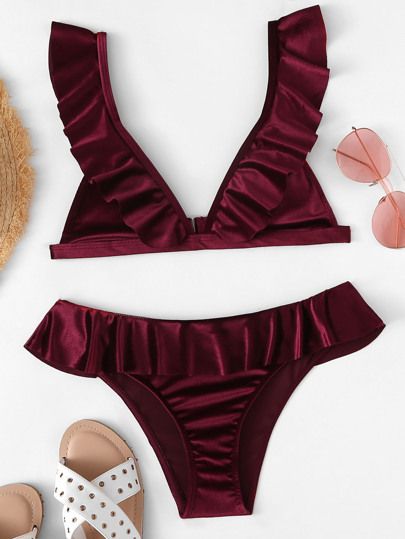 Ruffle Velvet Triangle Top With Panty Bikini | SHEIN