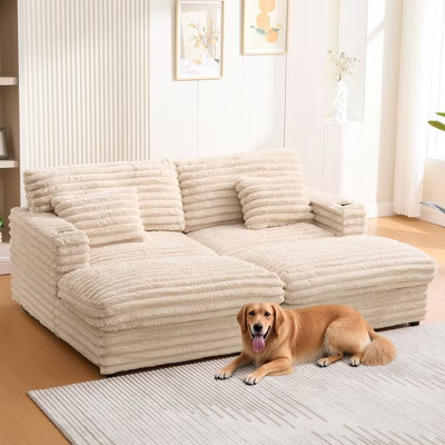 Oversized Double Chaise Lounge Sofa Bed with USB Ports & Cup Holders, Upholstered Cloud Couch Daybed, Beige - ModernLuxe | Target