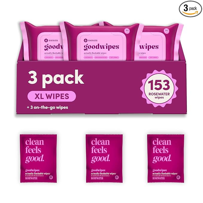 goodwipes Flushable Wipes - Rosewater, 153 Wipes (3 Pack + 3 Singles) | Septic Safe, Extra Large,... | Amazon (US)