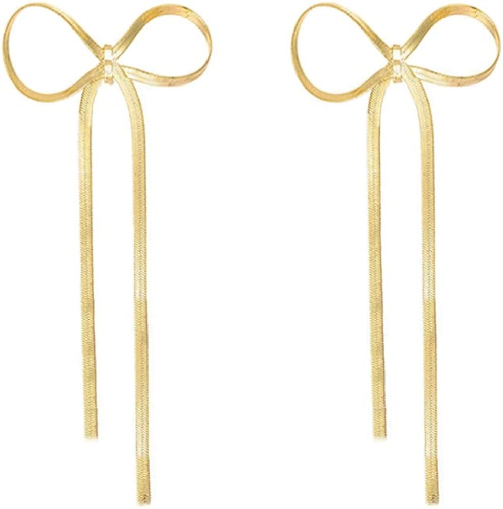 LOKLIFFAI 925 Sterling Silver Bow Drop Dangle Earrings for Women Girls Long Tassel Chain Earrings... | Amazon (US)