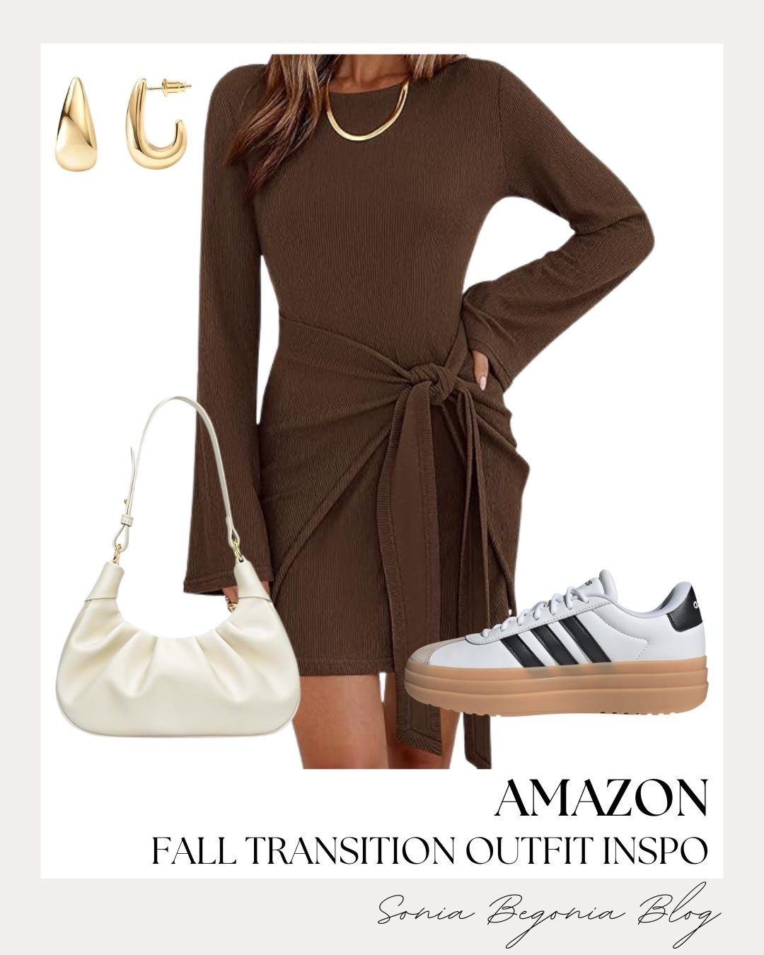 I am completely obsessed with this comfortable yet chic casual look for the new season! This brown ribbed long-sleeve mini dress features a gorgeous tie-front waist detail that creates the most flattering and effortless silhouette. 🍂

I styled the outfit with trendy platform sneakers, a cream ruched shoulder bag, and chunky gold jewelry pieces. ✨

#LTKstyletip #AmazonFashion #FallTransition #RibbedDress #PlatformSneakers #CasualChic #EverydayLook #AutumnOOTD #SoniaBegoniaBlog

#LTKootd #LTKSeasonal