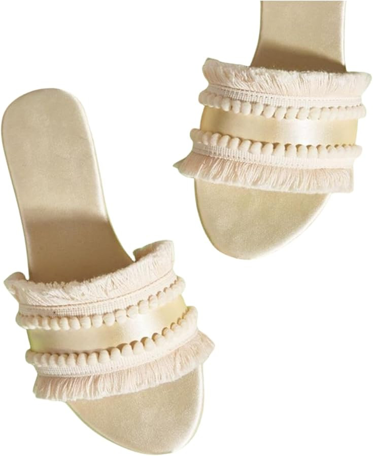 Women's Dressy Sandals Satin Fringe Trim Flats Comfortable Casual Summer Trendy Open Toe Slip on ... | Amazon (US)