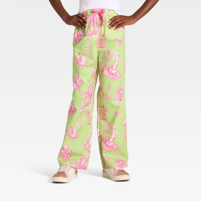 Wicked x Katie Kime Girls' Toile Printed Bow Detailed Poplin Jogger Pants - Light Green/Pink | Target