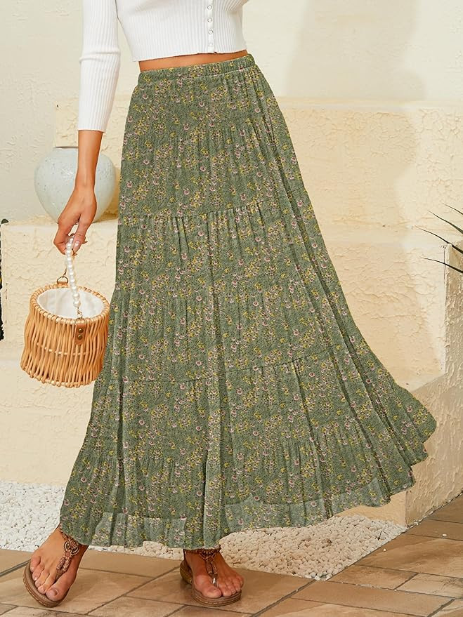 NASHALYLY Women's Chiffon Elastic High Waist Pleated A-Line Flared Maxi Skirts | Amazon (US)