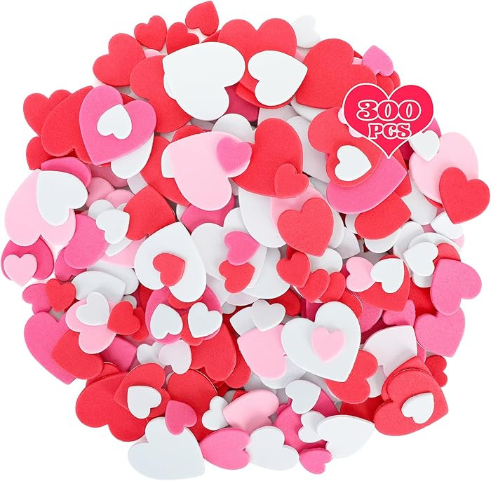 300 PCS Valentines Stickers, Matte Foam Heart Stickers, 3 Sizes Hearts for Crafts, Rose Red Self-... | Amazon (US)
