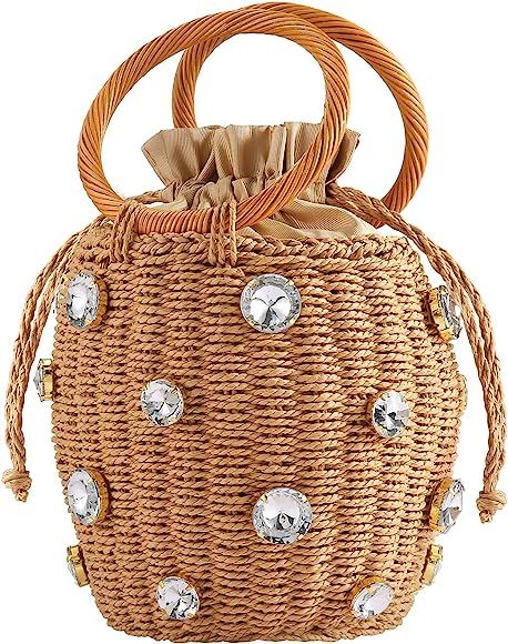 NIBD Flower Pearls Rattan Tote Bag Summer Beach Drawstring Straw Bucket Bag Diamonds Woven Handba... | Amazon (US)