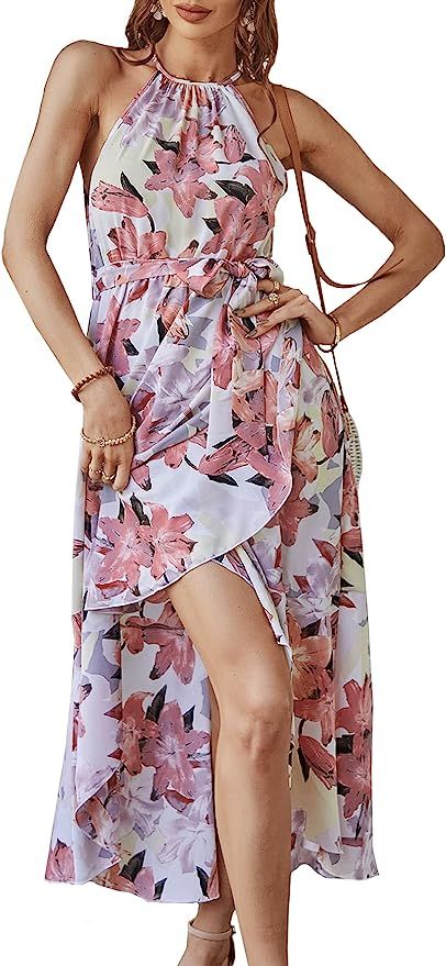 KAYWIDE Women's Summer Sleeveless Halter Neck Dress Floral Print Causal Boho Beach Party Midi Dre... | Amazon (US)