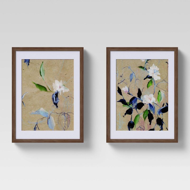 (Set of 2) 12" x 16" Sketched Floral Matted Print in Walnut Frame Wall Canvases Blue - Threshold... | Target
