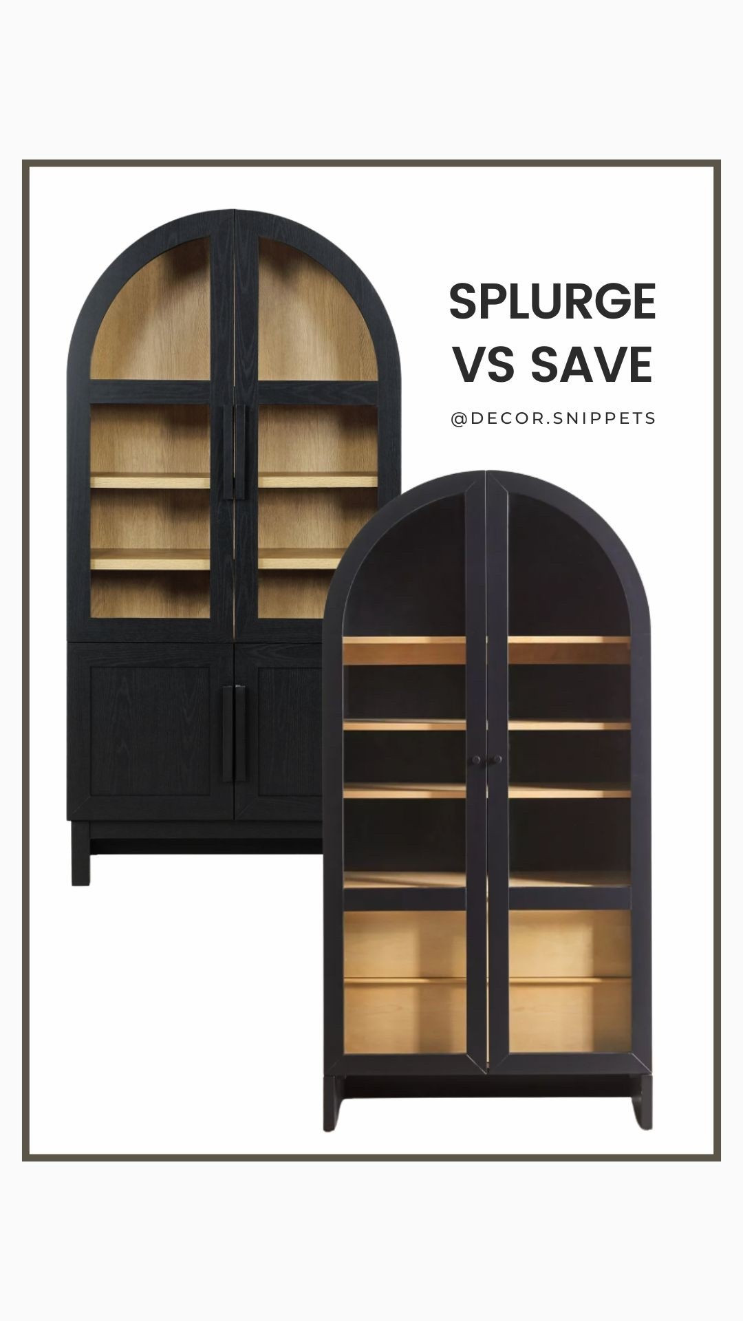 Elevate your space with an arched cabinet!  These beauties are perfect for showcasing your favorite pieces or adding extra storage.  Choose your favorite – the splurge or the save – and create a stunning focal point in your home.  Tap to shop both options and find the perfect fit for your home! #homeorganization #archedcabinet #storageideas #homeimprovement #ltkfinds #decorinspo #interiordesign
