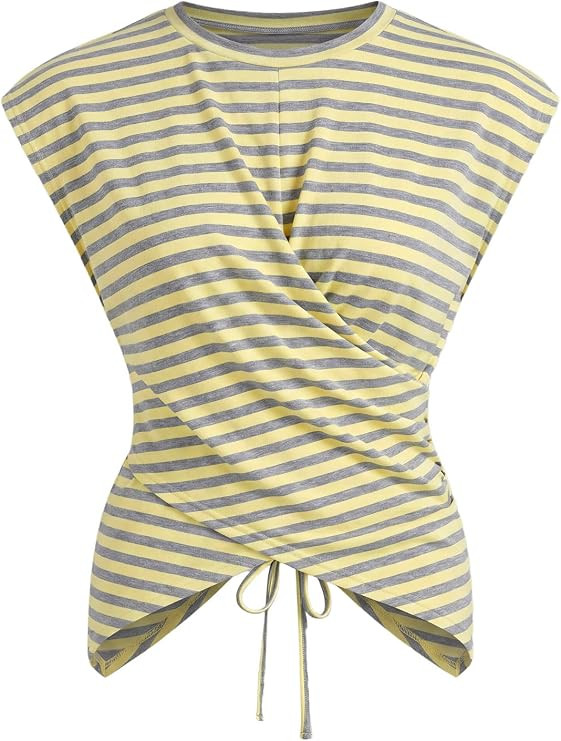 Verdusa Womens Cinched Waist Wrap Top Cap Sleeve Tie Back Asymmetrical Tops | Crew Neck, Sleevele... | Amazon (US)