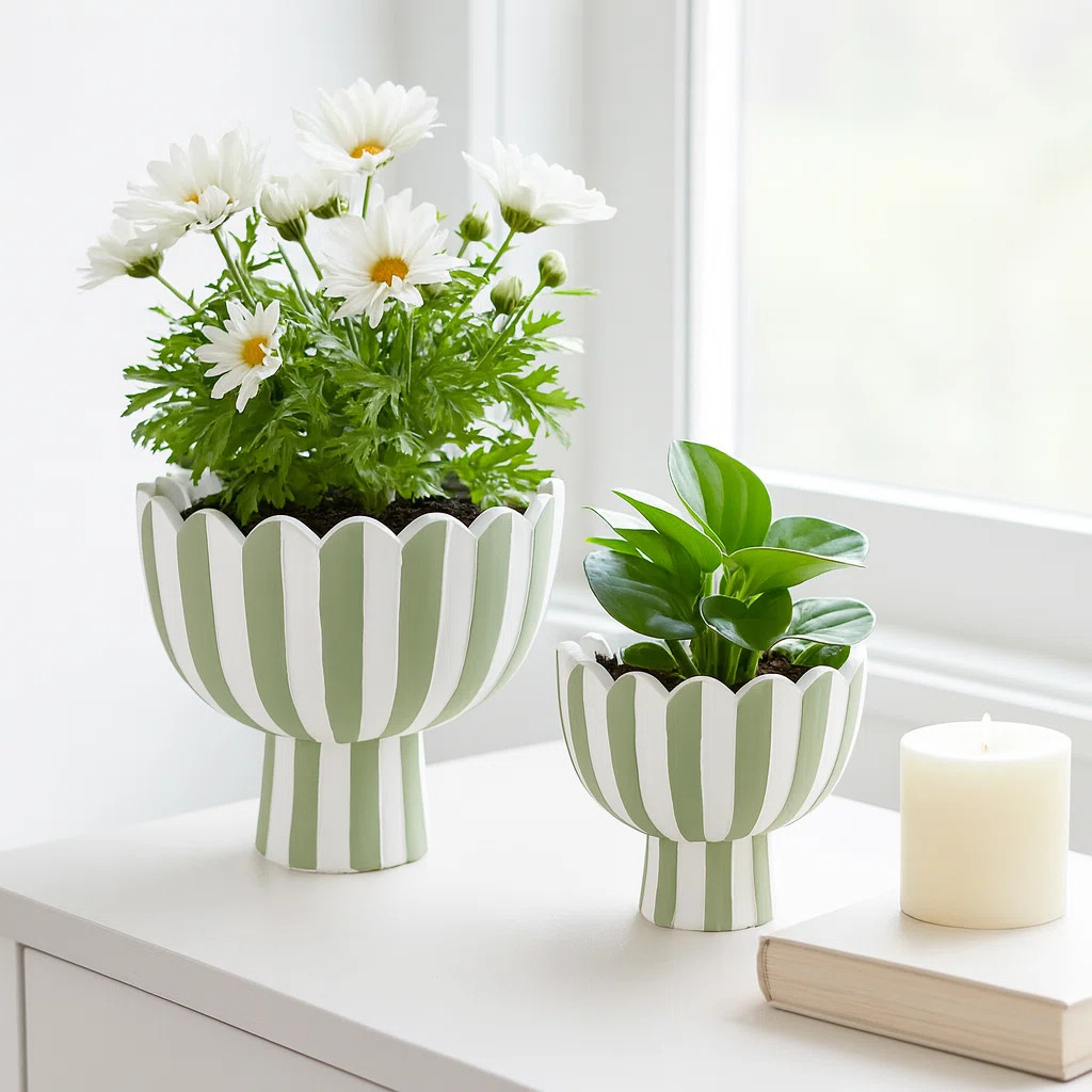 Planters Pottery And Cement Scalloped Rim Striped Design Indoor Outdoor Garden Use Set Of 2 - 8",... | Wayfair North America