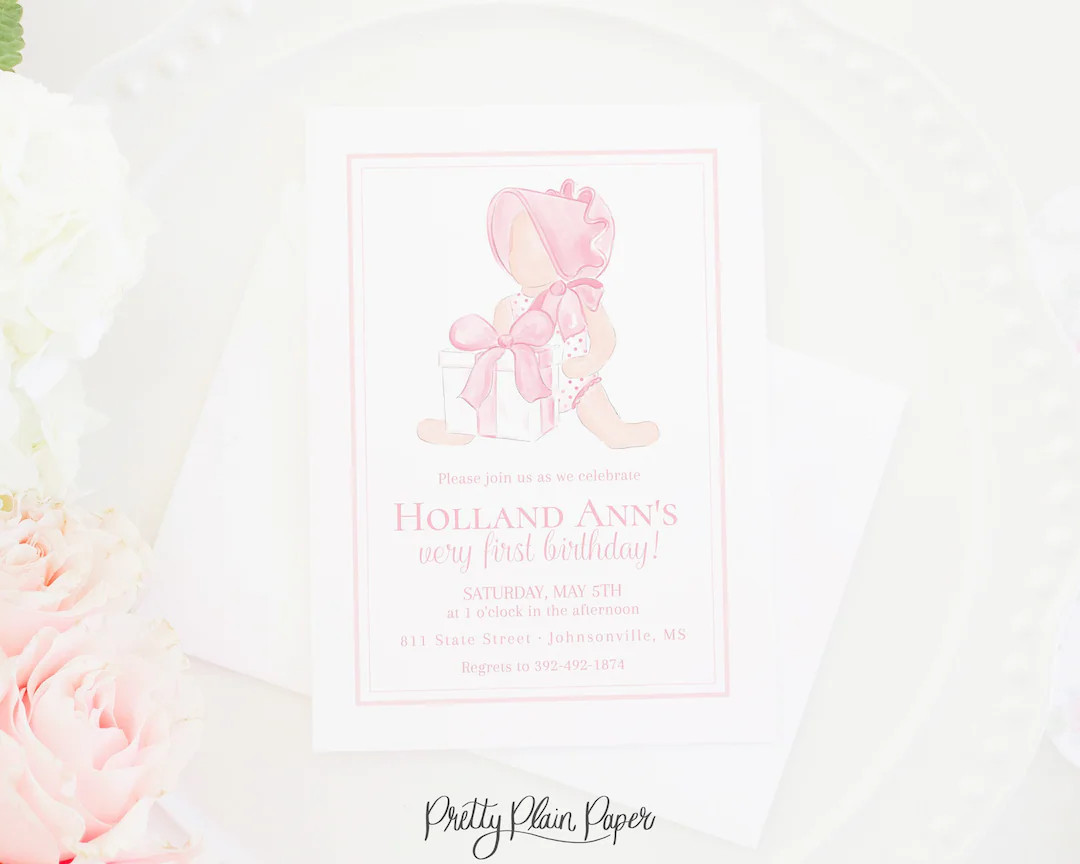 Watercolor Little Girl in Pink Bonnet Invitation | 5x7 Printable | Pink Bonnet First Birthday | B... | Etsy (US)