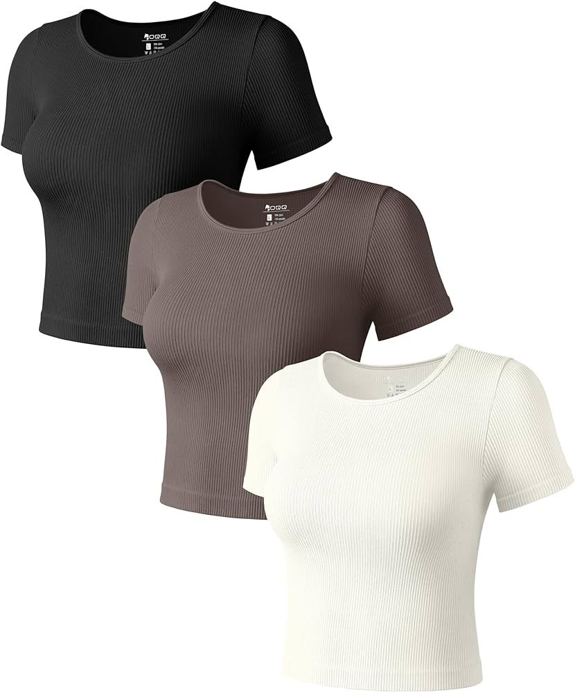 OQQ Womens 3 Piece Short Sleeve T Shirts Crew Neck Seamless Stretch Fit Basic Tee Crop Tops | Amazon (US)