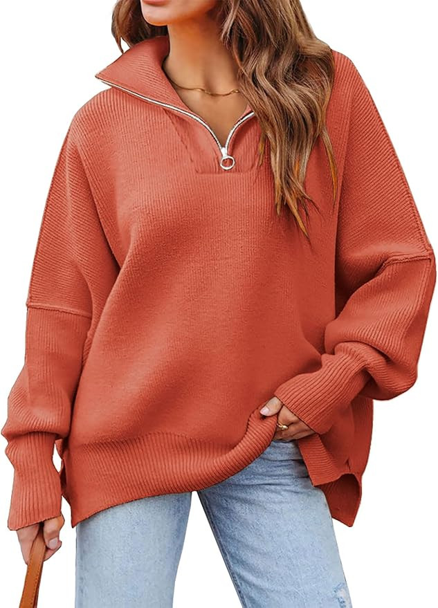 LILLUSORY Women's Oversized Sweaters 2023 Fall Zipper Collared Drop Shoulder Tunic Pullover Split... | Amazon (US)