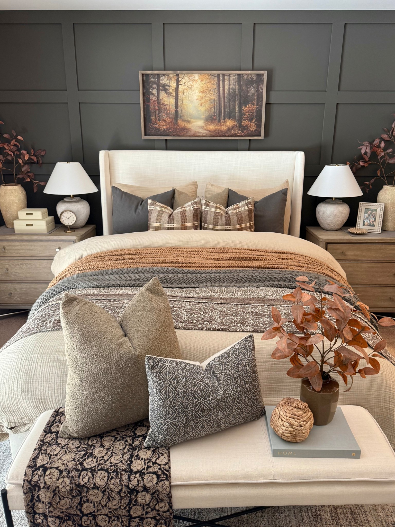 🍂Moody Fall Bedroom. 

Follow @farmtotablecreations on Instagram for more cozy home inspiration.

I wanted our bedroom to feel extra cozy this season, so I layered in all the warm textures and moody tones. From the chunky knit throws to the plaid pillows, every detail just makes me want to curl up and stay in bed all day.

The October Golden Hour sign from my sweet friend Brittany @currentlychic might be my favorite piece yet— it captures that dreamy fall glow perfectly. Shown here in a size 20x40 with Briarsmoke stain. Use my code FARMTOTABLE for 15% off. Two stems shown in each vase on nightstands  

#FallBedroom #BedroomDecor #BedroomStyling #FallHomeDecor #CozyBedroom #NeutralBedroom #OctoberGoldenHour #LayeredBedding #ThrowBlanket #DecorVase #FallStems #FallDecor #NightstandDecor #WallArt #BedroomRug


#LTKFindsUnder50 #LTKHome #LTKSaleAlert