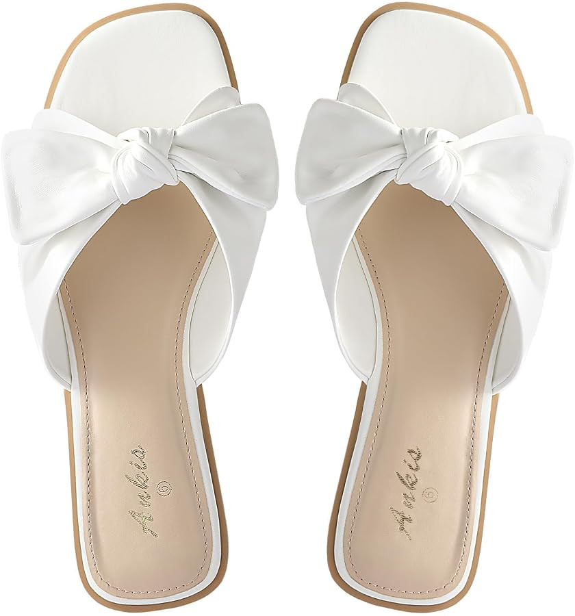 White Sandals Womens Bow Flat Sandals Dressy - Cute Summer Beach Sandals for Women 2026, Square Open Toe Comfortable Slip On Slide Sandals Bride Wedding Bridal Dress Shoes Slippers Balck Pink Gold Nude | Amazon (US)