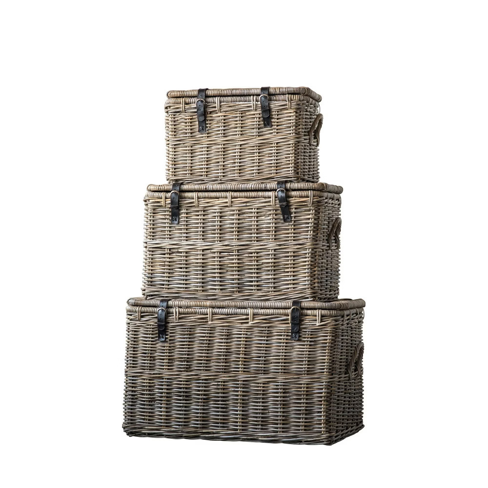 Set of 3 Rattan Baskets with Lids and Leather Buckles Brown - 3R Studios | Target