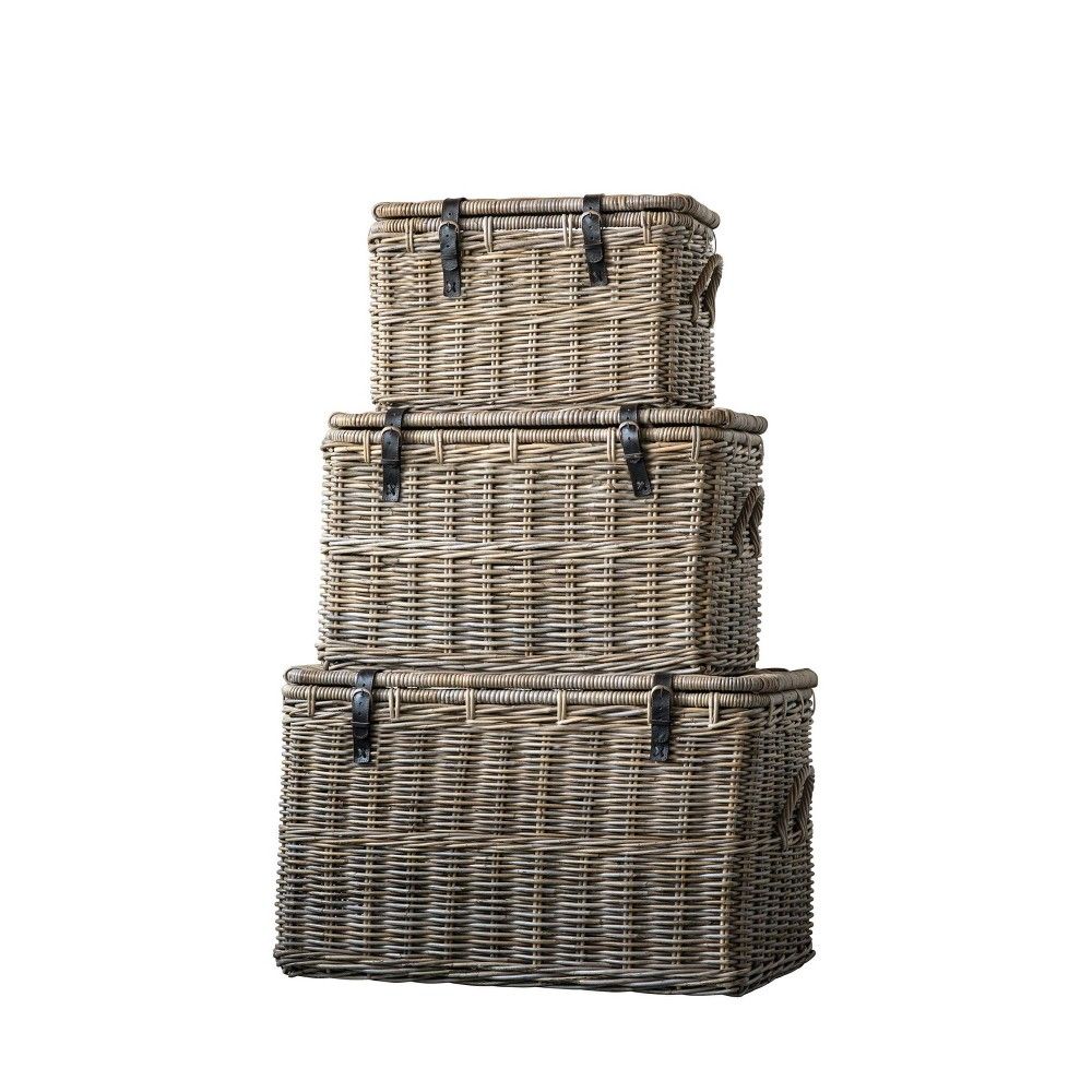 Set of 3 Rattan Baskets with Lids and Leather Buckles Brown - 3R Studios | Target
