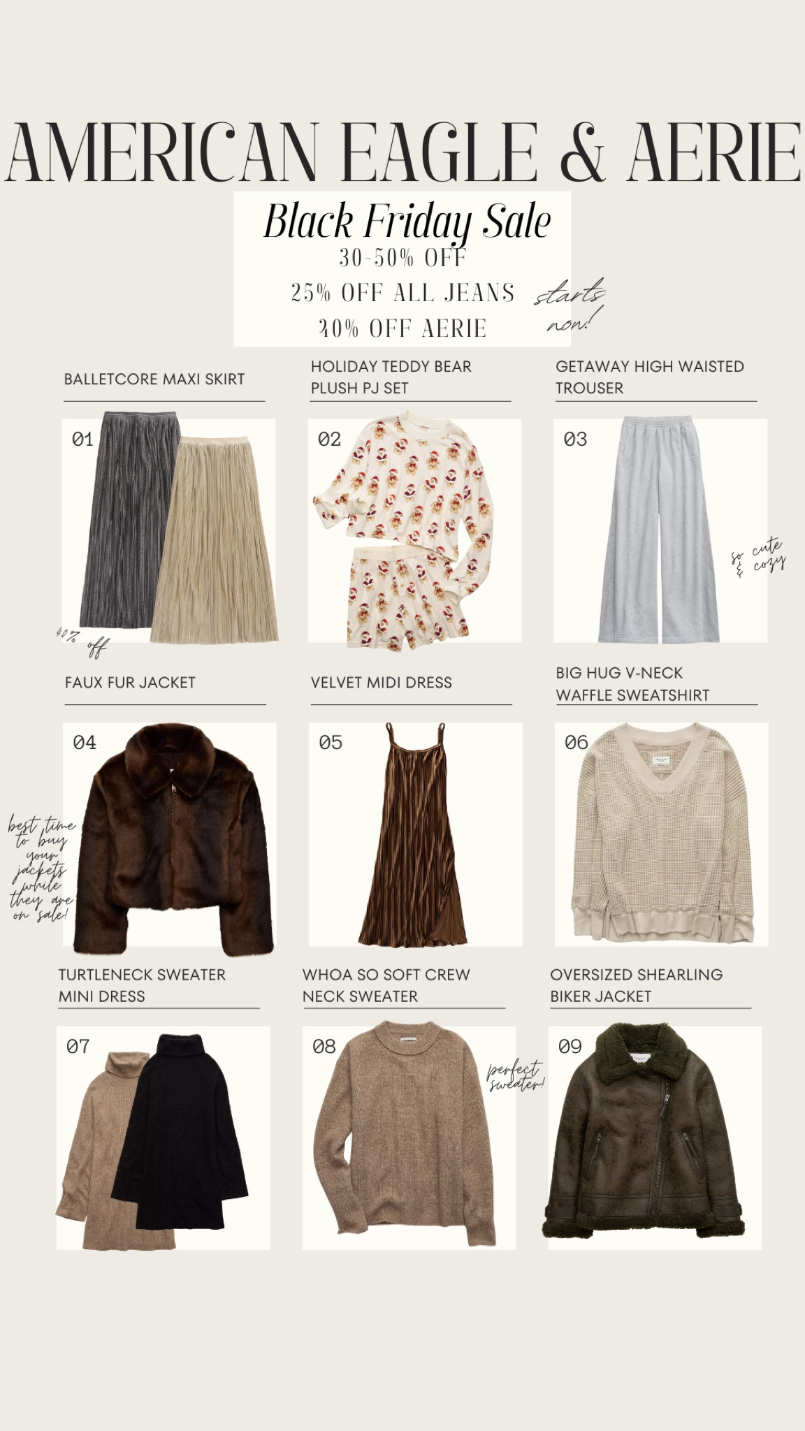 American Eagle and Aeries Black Friday sales already started!! Here are things im eyeing and some things I already have and love 🤍

#LTKHoliday #LTKSeasonal #LTKMidsize
