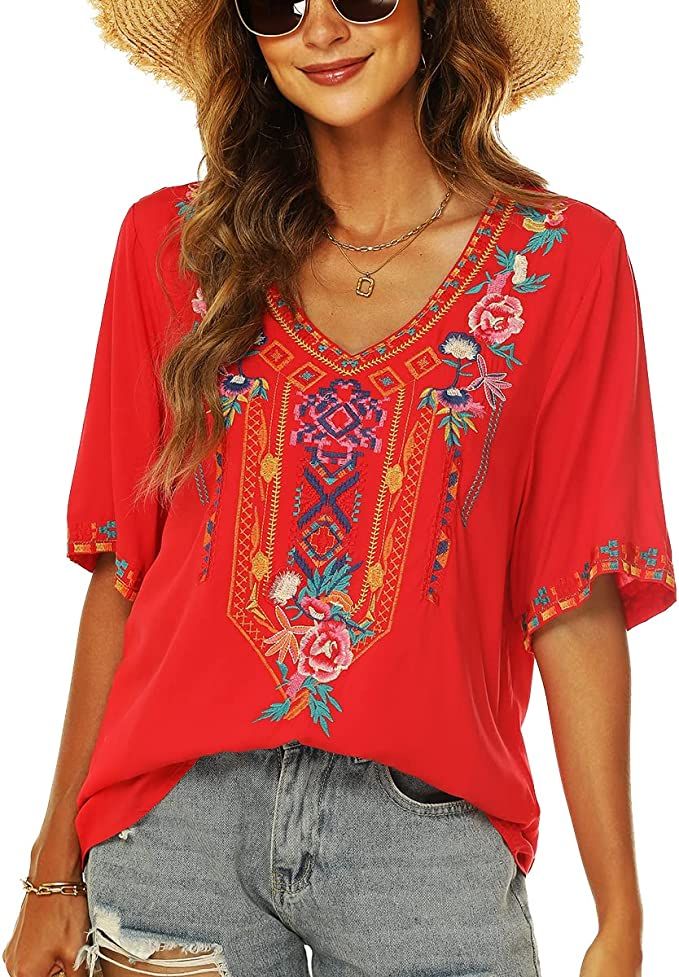 LauraKlein Women’s Emboridered Tops Short Sleeve Blouse Ethnic Style Floral Pattern Shirts Tuni... | Amazon (US)