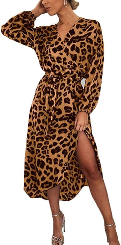 Womens Sexy V Neck Leopard Print Long Sleeve Midi Dress Faux Wrap with Belt | Amazon (US)