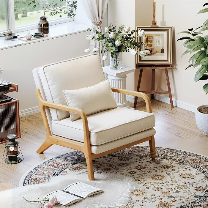 Mid-Century Accent Chair with Solid Wood Frame, Reading Relaxing Armchair Lumbar Pillow& Soft Cus... | Amazon (US)