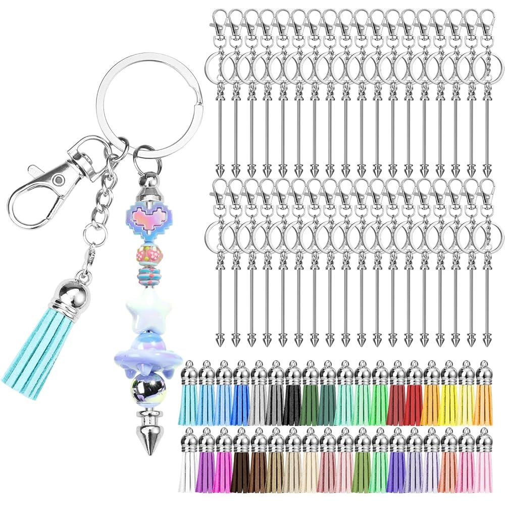 Draupnir 36 Pcs Beadable Keychains Bars, Silver Beadable Keychain Bars Bulk Blank for Keychain Ma... | Amazon (US)