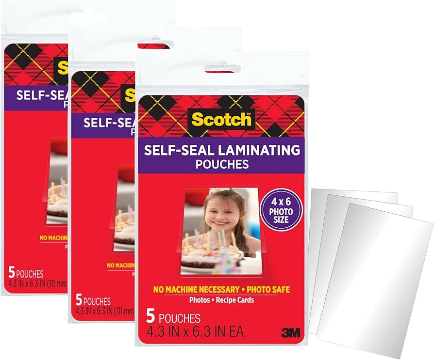 Scotch Self-Sealing Laminating Pouches, 4 x 6 Inches, 15 Pouches (3 Packs of 5) \u2013 Gloss Fini... | Amazon (US)
