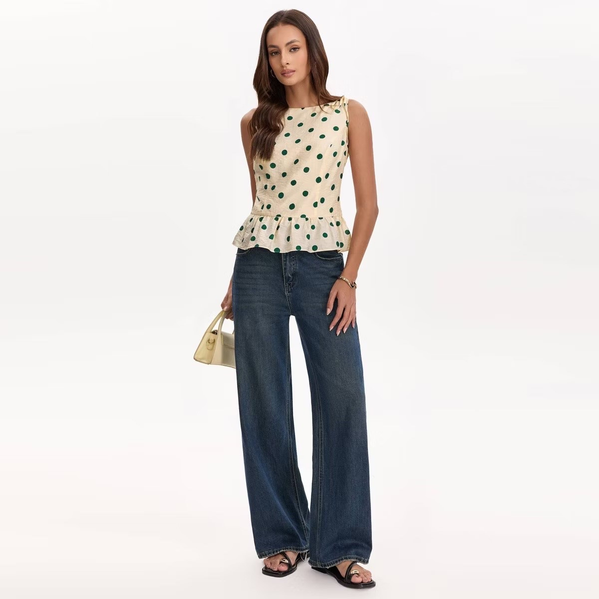 NEW ARRIVALS!! Women's Ruffle Hem Boat Neck Top - A New Day in Light Beige Polka Dots