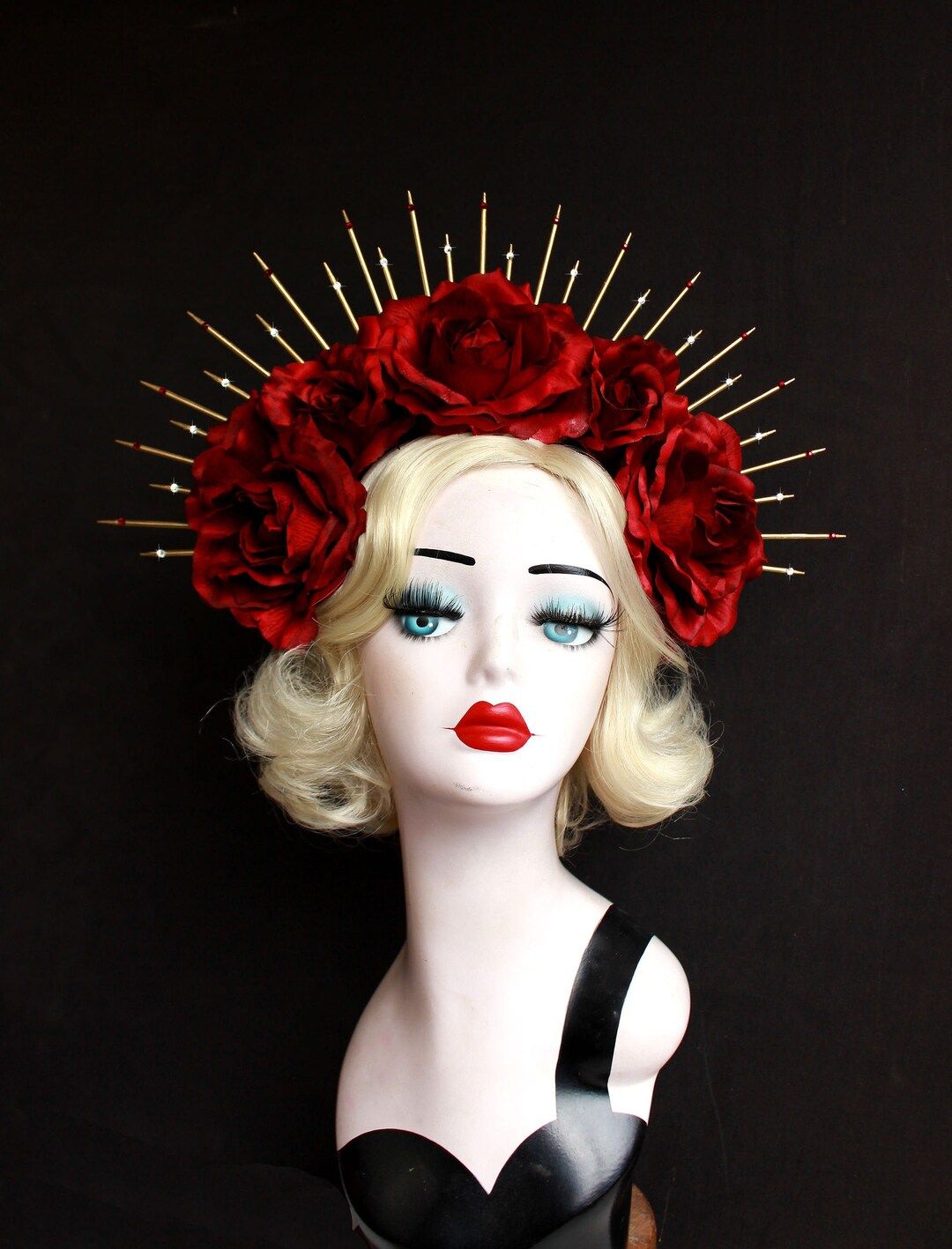 Dark Red Rose Flower Crown, Gold Halo Crown, Bridal Crown Headband, Day of the Dead Headdress, Vi... | Etsy (US)