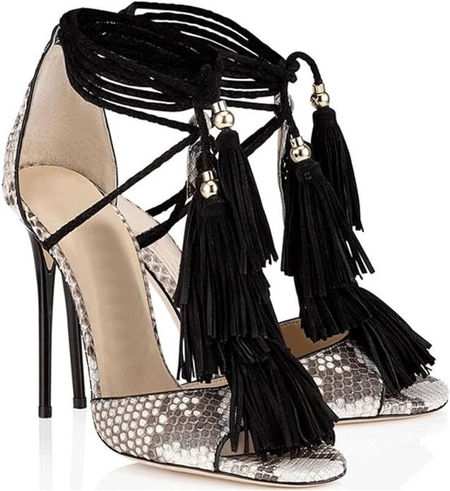Women's Fringed Ankle Strap Peep Toe Stiletto High Heel Sandals Tassels Lace-up Heels Dress Pumps... | Amazon (US)