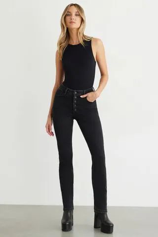 Kate High Waist Button Front Jeans | Dynamite Clothing
