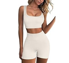 QINSEN Workout Sets for Women 2 Piece Seamless Ribbed Crop Tank High Waist Shorts Yoga Outfits | Amazon (US)