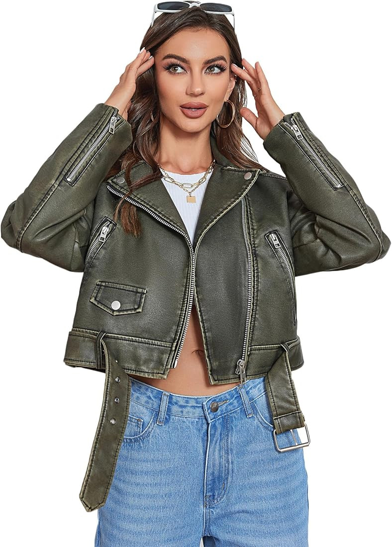 LY VAREY LIN Women Faux Leather Cropped Jacket Lapel Zipper Biker Short Coat with Belt | Amazon (US)