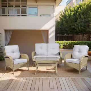 Yellow 4-Piece Wicker Outdoor Loveseat Set Patio Rattan Loveseat 2 Lounge Chairs and Coffee Table with Beige Cushions | The Home Depot